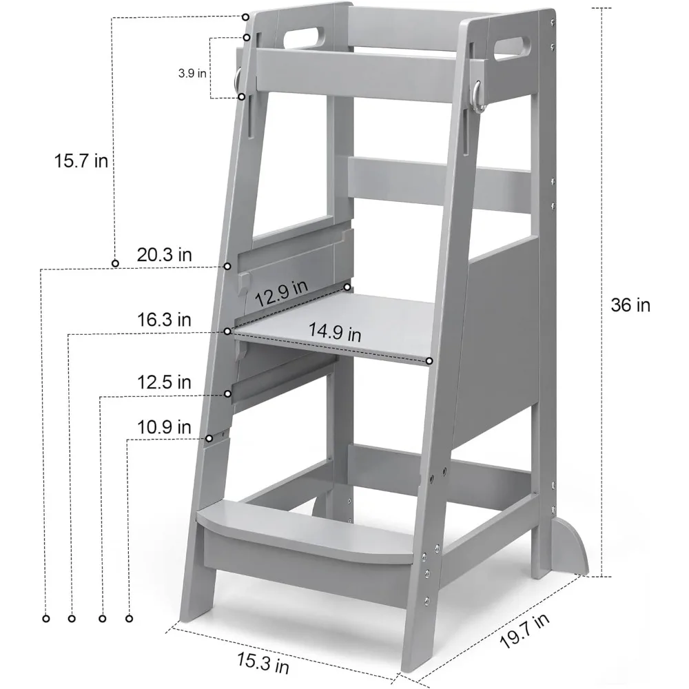 Bamboo Toddler Step Stool Grey Learning Standing Helper Tower for Toddlers Kitchen Stools Counter 3 Height Adjustable Helper