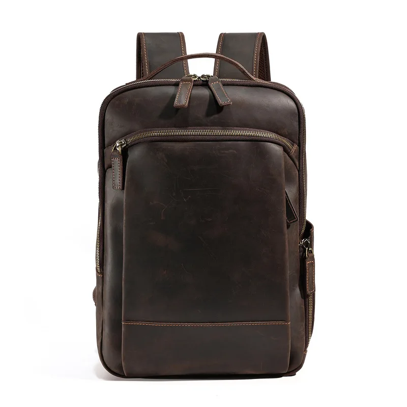 Retro Wild Horse Leather Dual-Shoulder Bag, Outer Layer of Cowhide Backpack, Men's Laptop Bag, Outdoor Travel Backpack