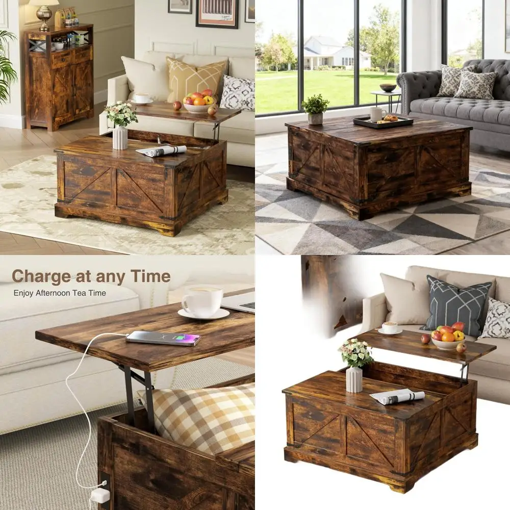 

Коричневый квадратный журнальный столик в деревенском стиле со скрытым хранилищем, шириной 35,4 дюйма, с подсветкой столешницы и зарядной станцией