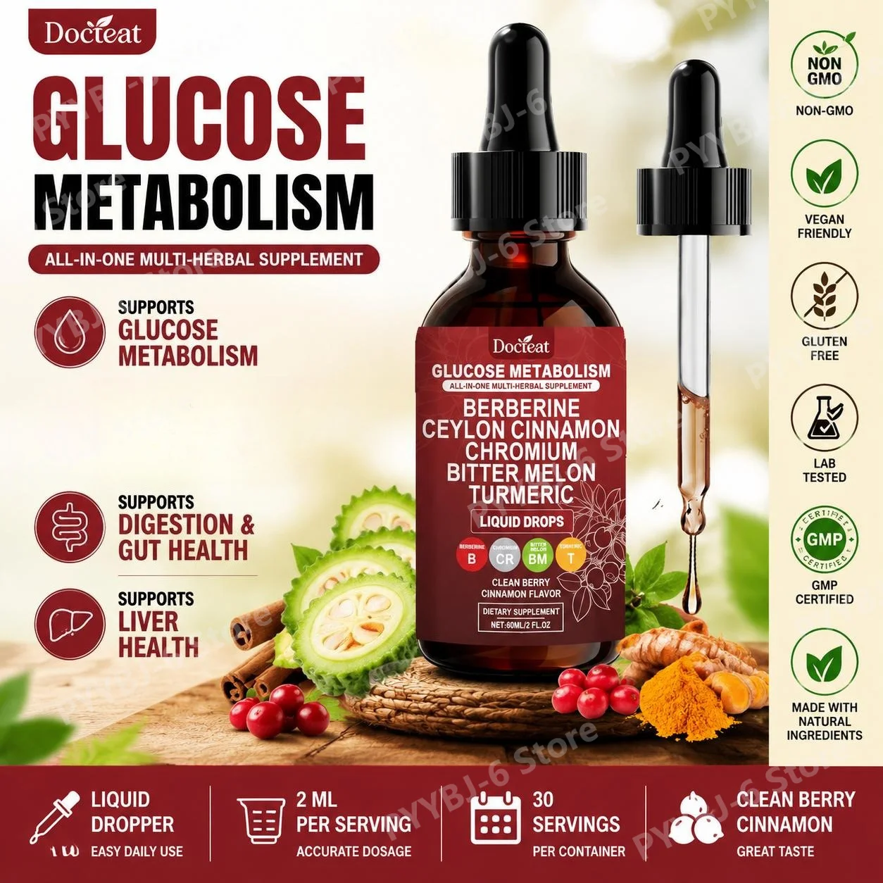 Gotas Líquidas para el Metabolismo Docteat con Picolinato de Cromo, Extracto de Berberina HCl, Canela de Ceilán, Extracto de Cúrcuma 60 ML