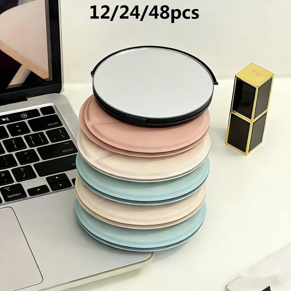 12/24/48pcs Round Leather Folding Portable Travel Touch Makeup Cosmetic Tool Desktop Can Stand Up Mini Mirror Gifts