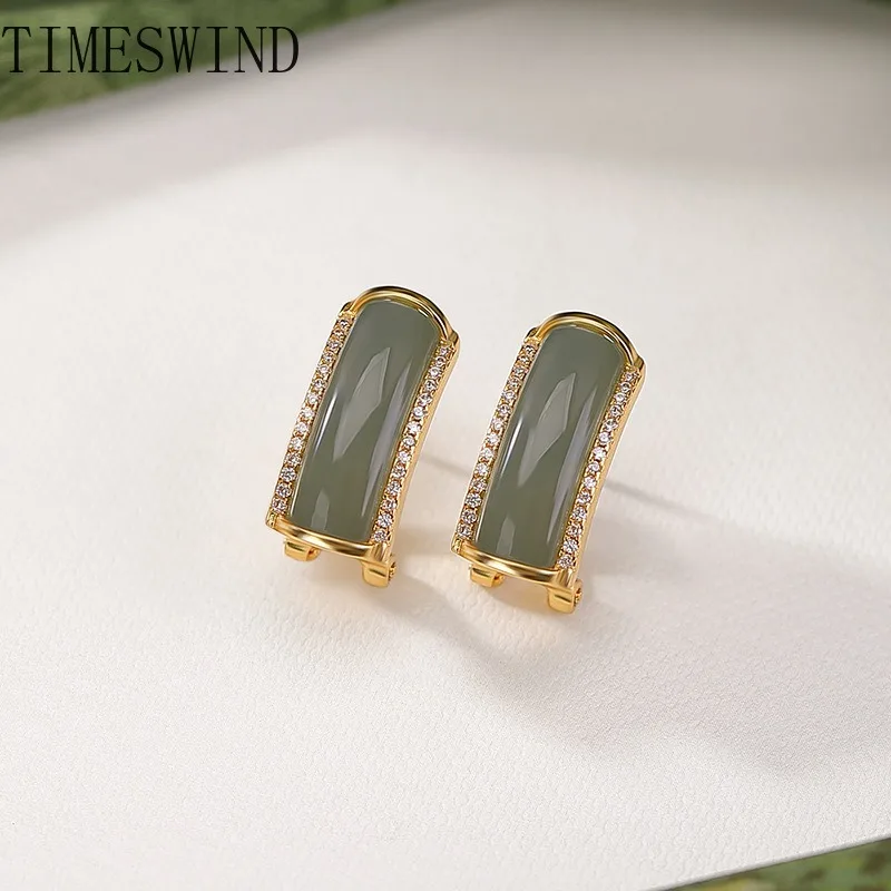 

TIMESWIND Authentic Real Jade Deep Green Bamboo Curved Zircon S925 Women Earrings Fashion Jewelry with Certificate