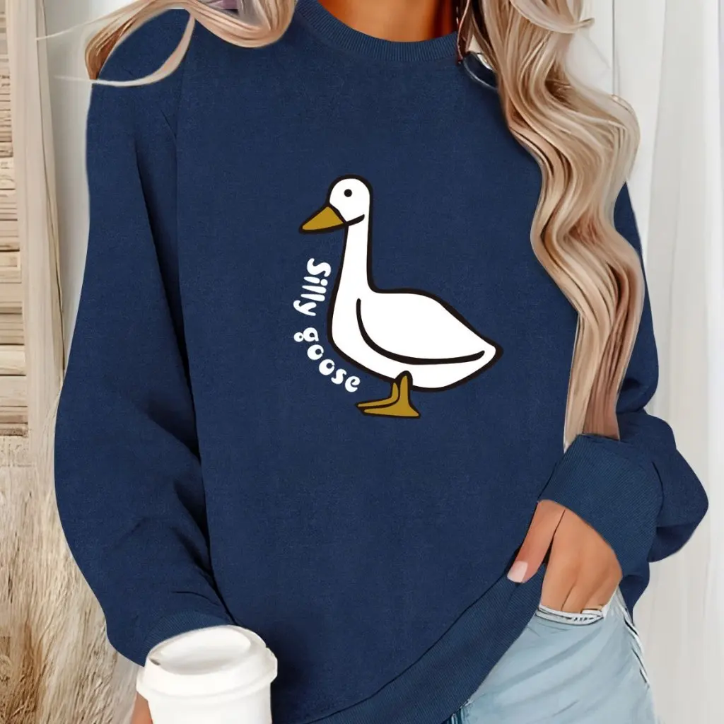 Women's Fleece-Lined Crew Neck Sweater Autumn Winter Duckling Print Back Bag Collar Fashion Top for Women