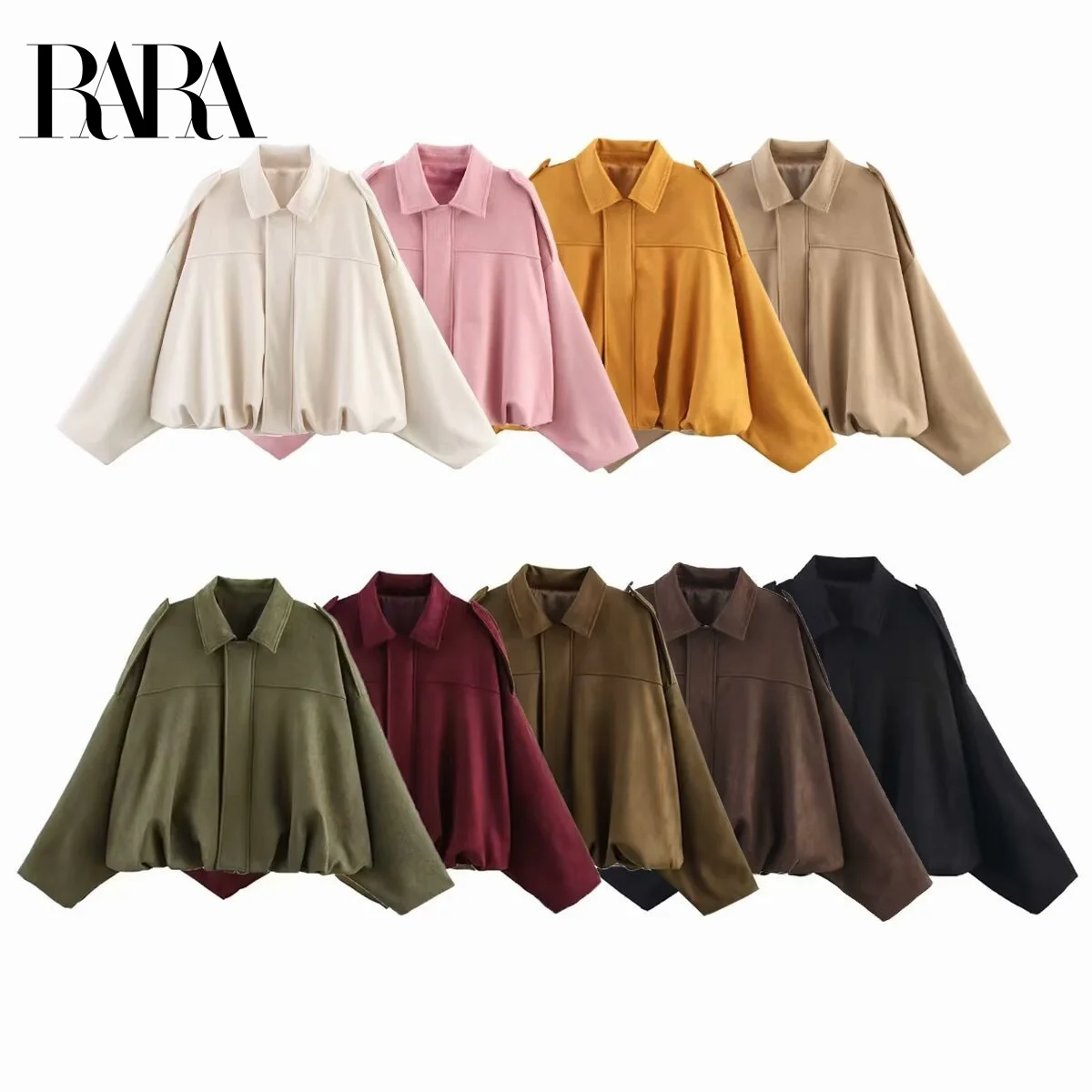 

RARA2025 Women's Green Suede Jacket Casual Lapel Long Sleeve Zipper Oversized Bomber Jacket Fashion High Street Outerwear