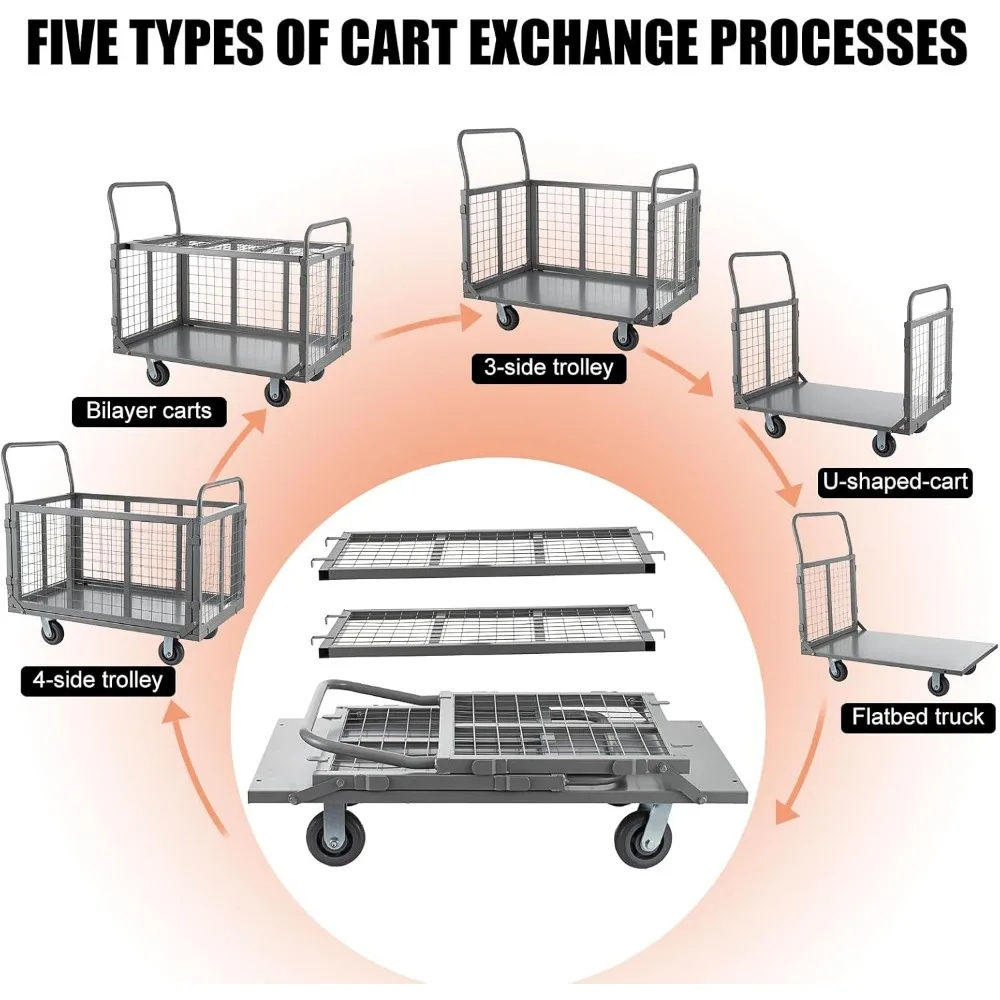 Carrinho de caminhão de plataforma com gaiola, carrinho de plataforma resistente 5 em 1 com gaiola, capacidade de 2000 lbs, carrinho de pressão dobrável, dolly com 5" fundido