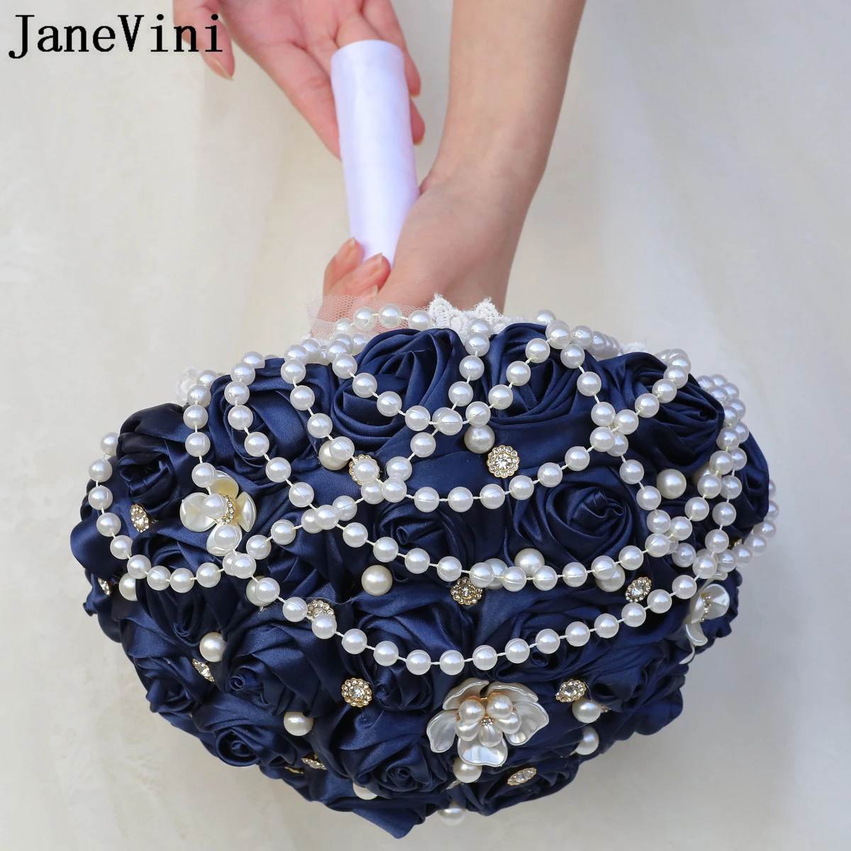 JaneVini Navy Blue Pearl Bouquet for Bride Flower Ribbon Roses Waterfall Crystal Beaded Wedding Bouquets Bridal Ramos Para Novia