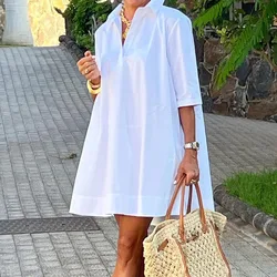 Women Simple Solid Half Sleeved Pleated Dress Elegant Temperament Commuting Short Dresses Summer Casual Lapel Loose Shirt Dress