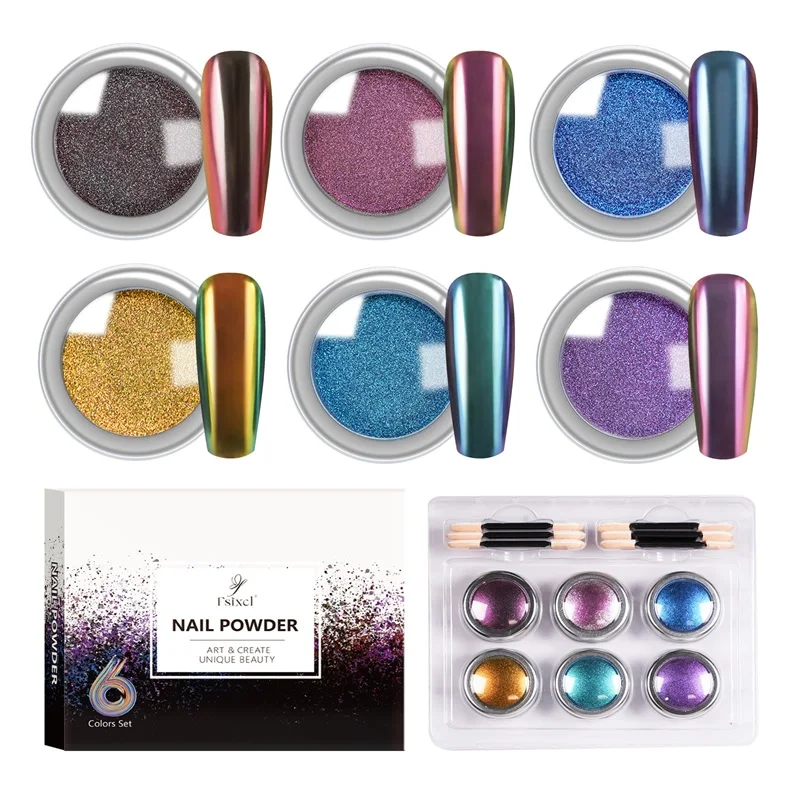 

FSIXCL Nail Chrome Powder Iridescent Chameleon Effect Rubbing Pigment Nail Art Decoration 6 Colors Set efecto espejo para uñas