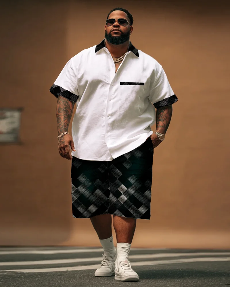 

S-9XL Men's Large Size Shirt Short Sleeve Plaid Shorts Two-piece Set