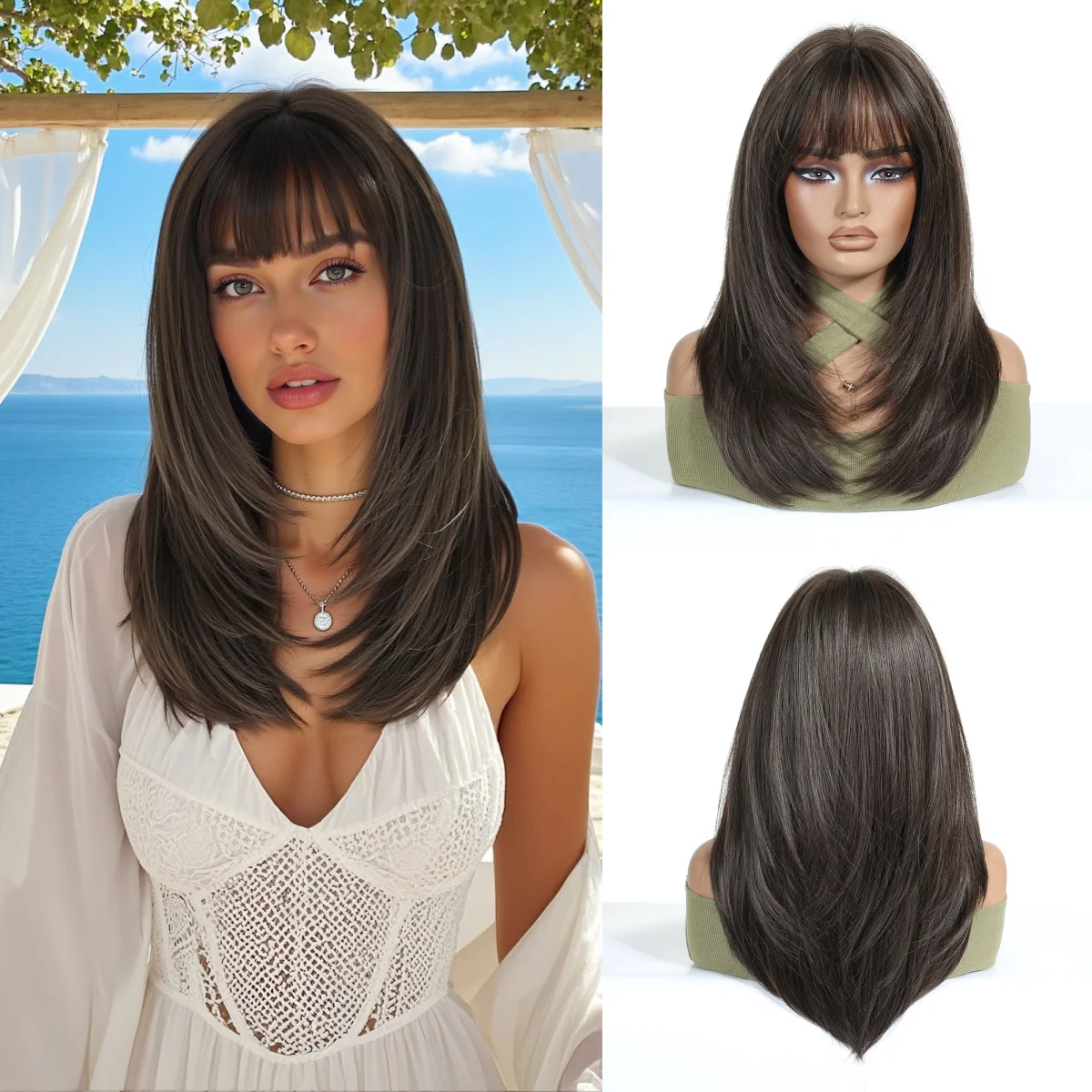 

ALAN EATON Layered Synthetic Wigs with Bangs Straight Short Brown Wig with for Women Natural Daily Cosplay Wig Heat Resistant