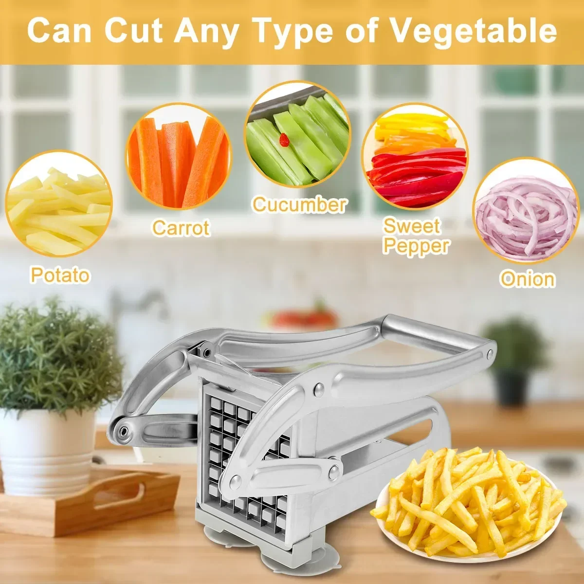French Fry Cutter Stainless Steel Potato Chipper Fast Cutting Potato Chip Cutter with 36/46 Holes Blades Manual Food Slicer