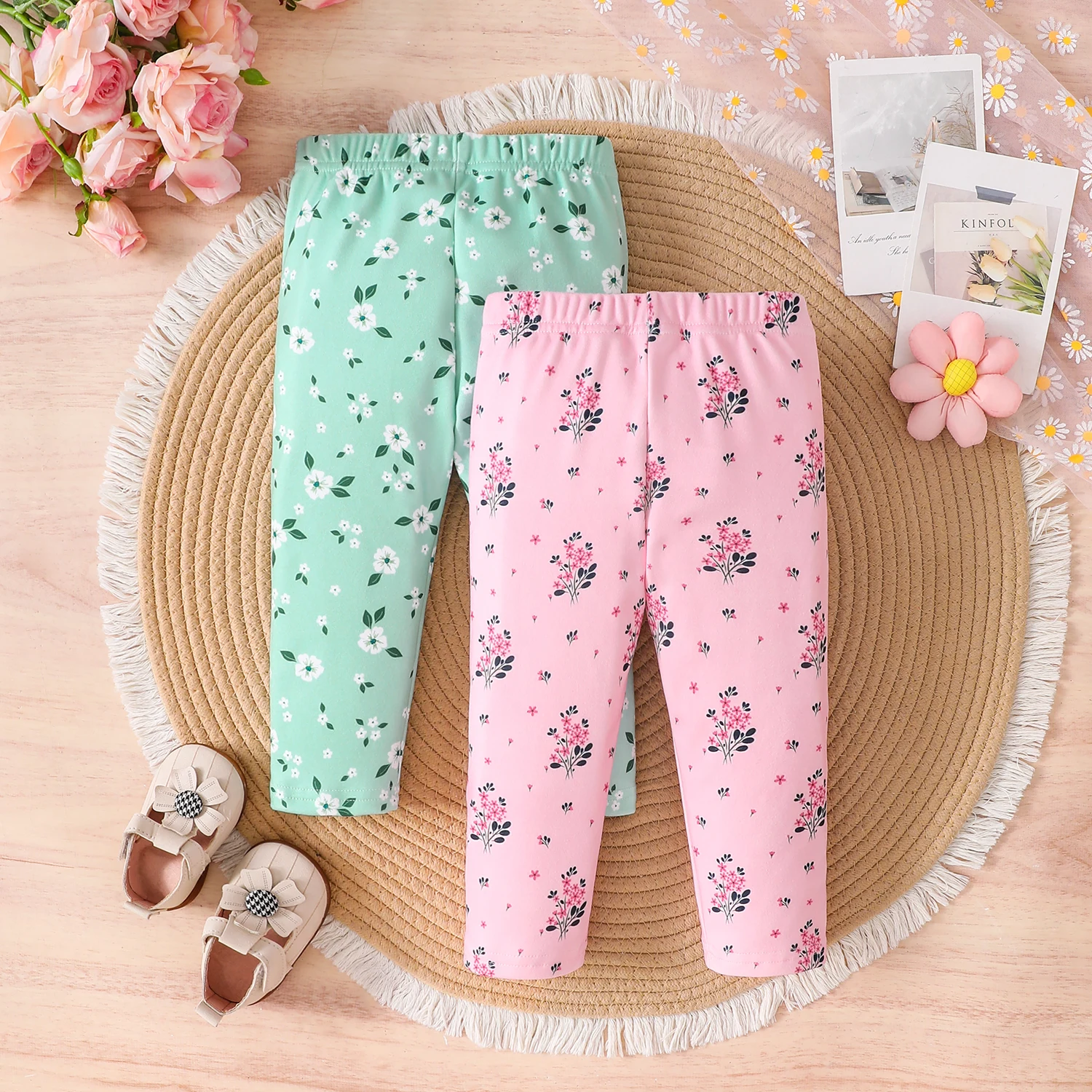 2Pcs Toddler Girls Floral Print Leggings, Soft Elastic Waist All Seasons Stretch Casual Pants