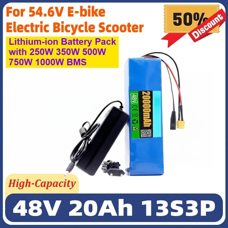 13S3P 20Ah Lithium-ion 48V 20000mAh Battery Pack with 250W 350W 500W 750W 1000W BMS for 54.6V E-bike Electric Bicycle Scooter