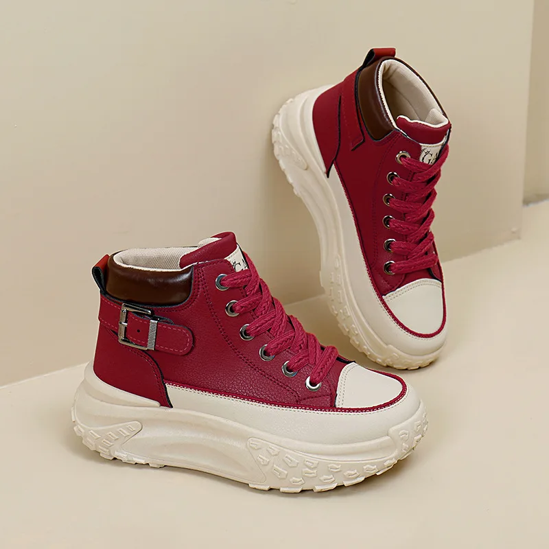 Zapatillas de deporte gruesas de piel sintética para mujer, zapatos vulcanizados con plataforma, informales, a la moda, talla 40, invierno y otoño, 2023