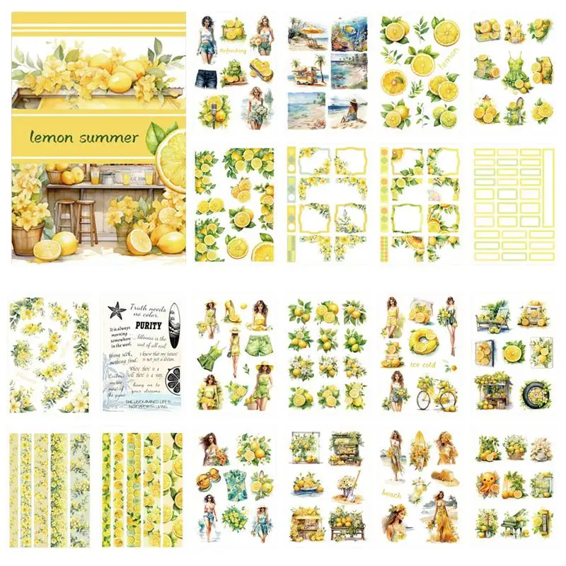 20Sheets Lemon Summer Sticker Book Girls Aesthetics PET Paper Stickers for Scrapbooking Journal Diary Notebook DIY Decoration