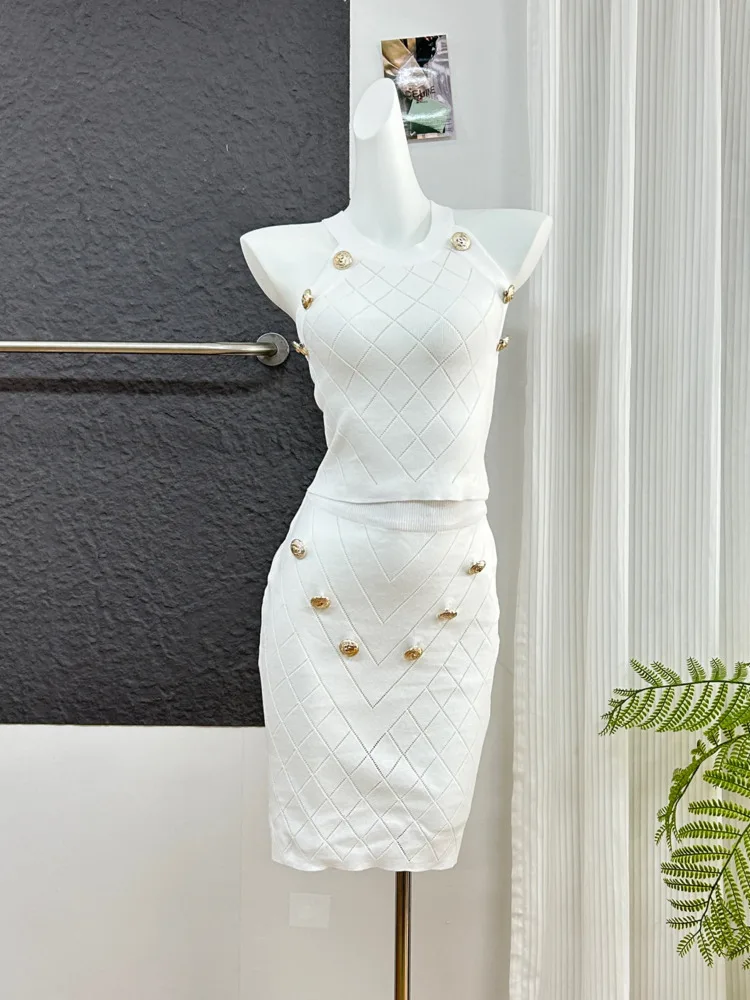 

Knitted Summer Women Solid 2 Piece Bottons Crop Top Tanks Mini Skirt Set Bodycon Sexy Party Hip Hugging Skirt Elegant Outfit