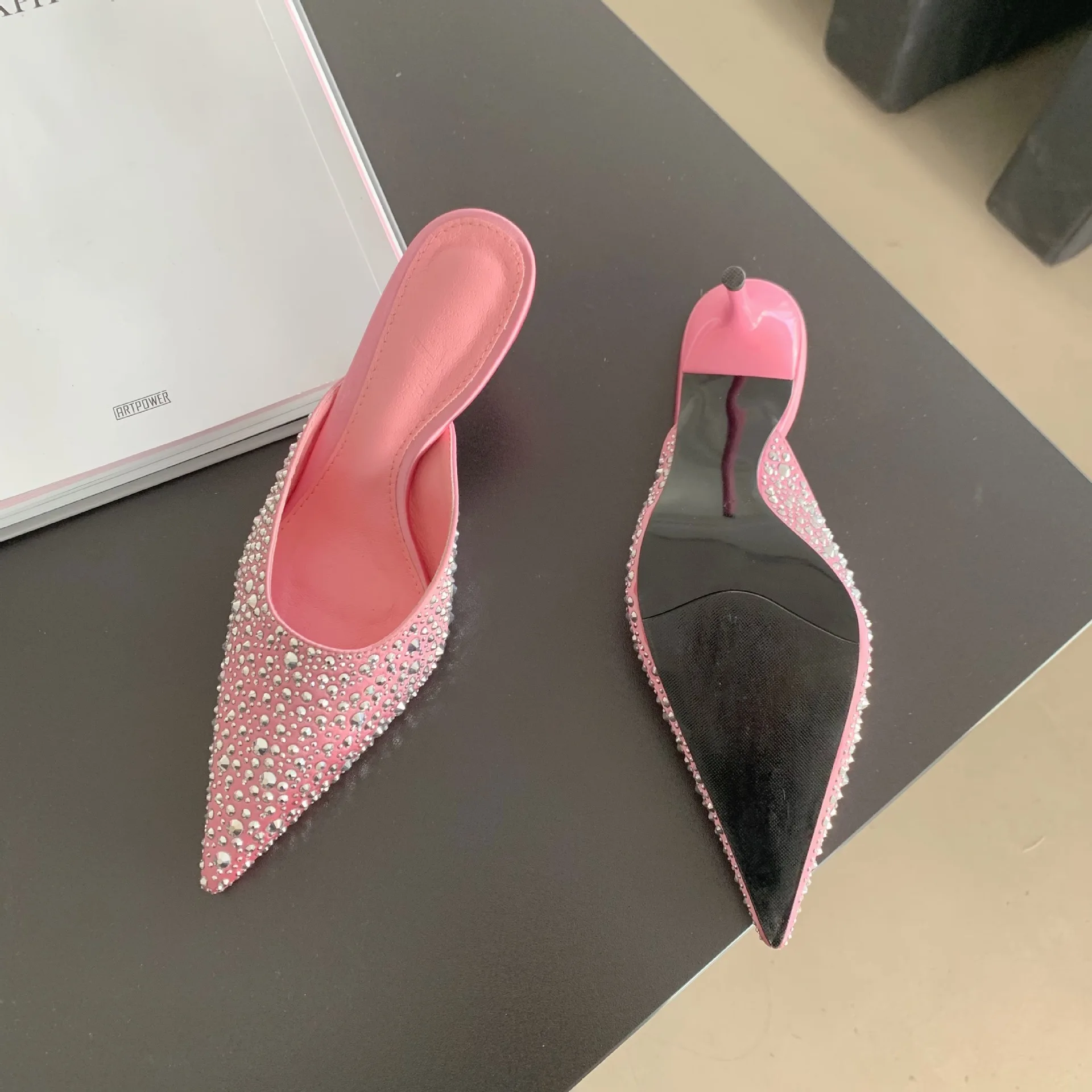 New Pointed Thin Heels Fashion Baotou Half Trailer Water Diamond Middle Heel Slippers, High Heels, External Wearing Slippers