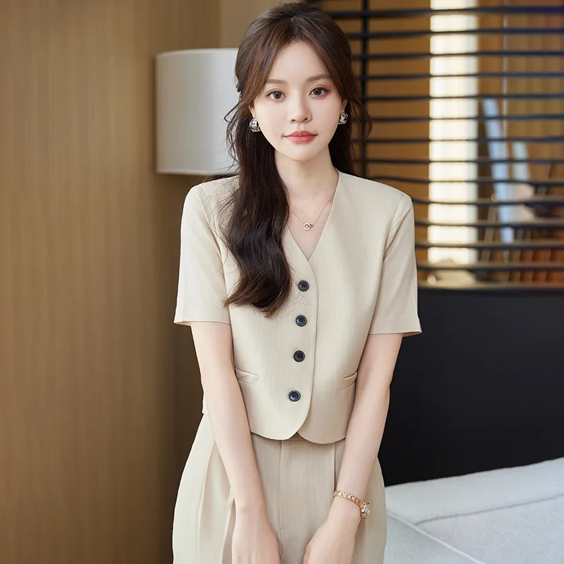 

Collarless Short Beige Short Sleeve Suit Suit Women's Small Thin Suit Coat Casual Business Attire Two-Piece Set