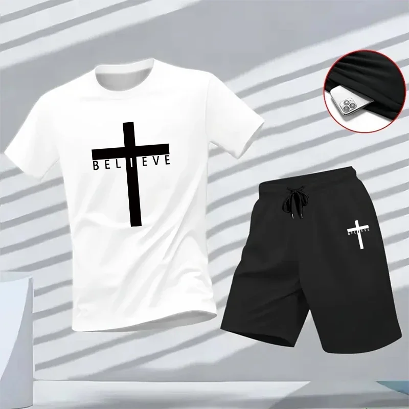 

2026 Summer Daily Casual Sports Jogging Suit Streetwear New Men Tracksuit Jesus Cross Printed T-shirt and Shorts Men's Clothes