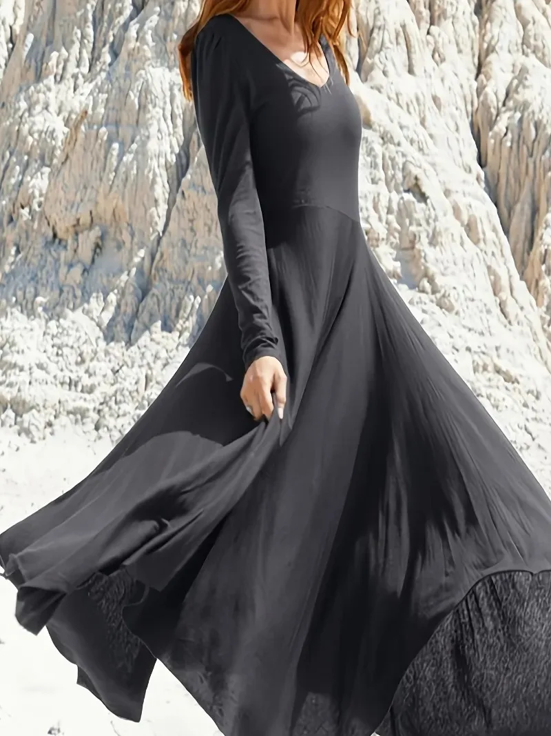 Plus Size 1XL-5XL Women\'s Solid V-neck Simple Irregular Hem Skirt Long Sleeved Top Tight Bottom Loose A-line Skirt Dress
