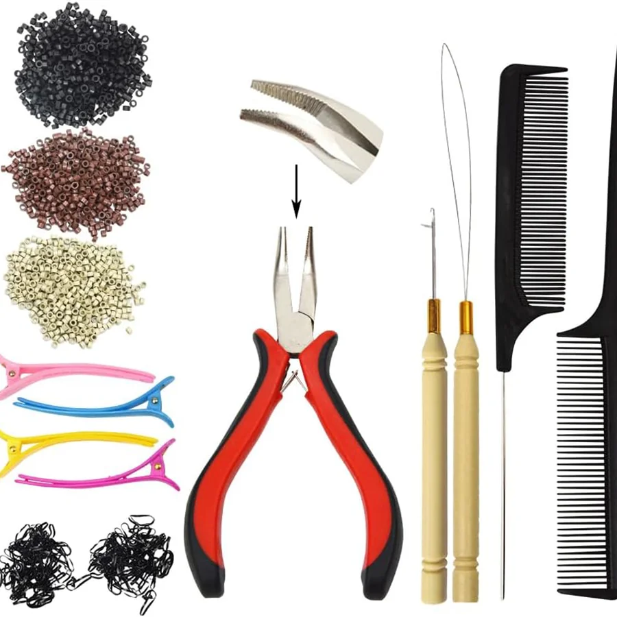Kit d'outils pour extensions de cheveux, 500 perles brunes pour extensions de cheveux avec outil, micro-perles doublées de silicone, pince et crochet pour extensions de cheveux
