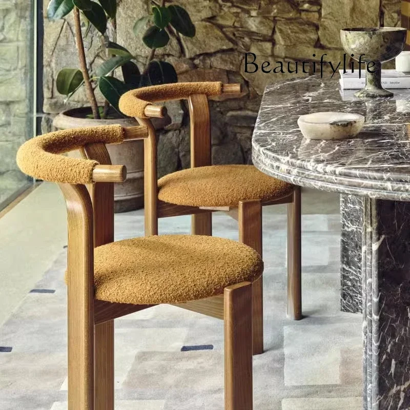 Dining chair solid wood circle fleece retro fabric backrest Internet celebrity dining table chair designer medieval chair wabi