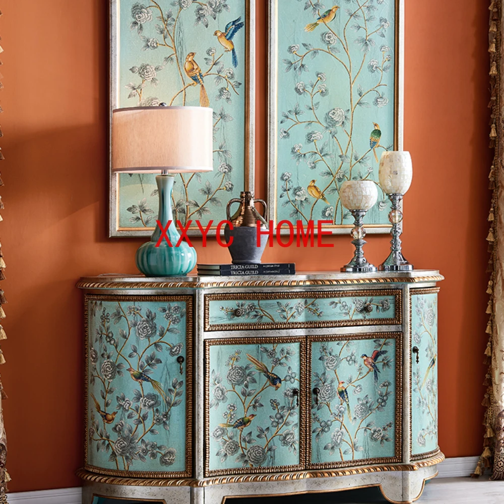 

American-Style Painted European-Style Luxury Sideboard Cabinet Pure Hand Drawing Flower and Bird Locker