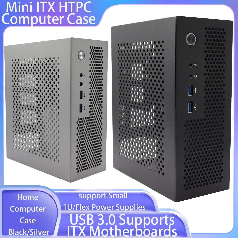 

Mini ITX HTPC Computer Case USB 3.0 Supports ITX Motherboards Accommodates Small 1U/Flex Power Supplies Home Computer Case Black