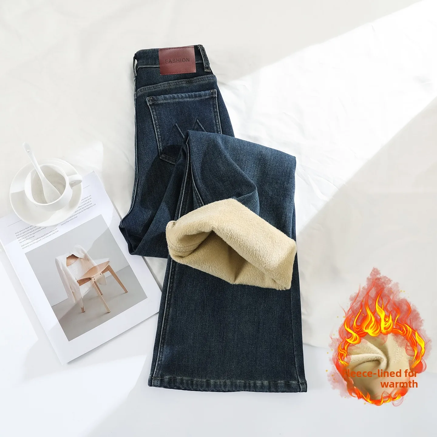 

Зимние шерстяные теплые джинсы с рогами, женские хлопковые обычные брюки, удобные и универсальные синие брюки в стиле ретро, женские Y2K