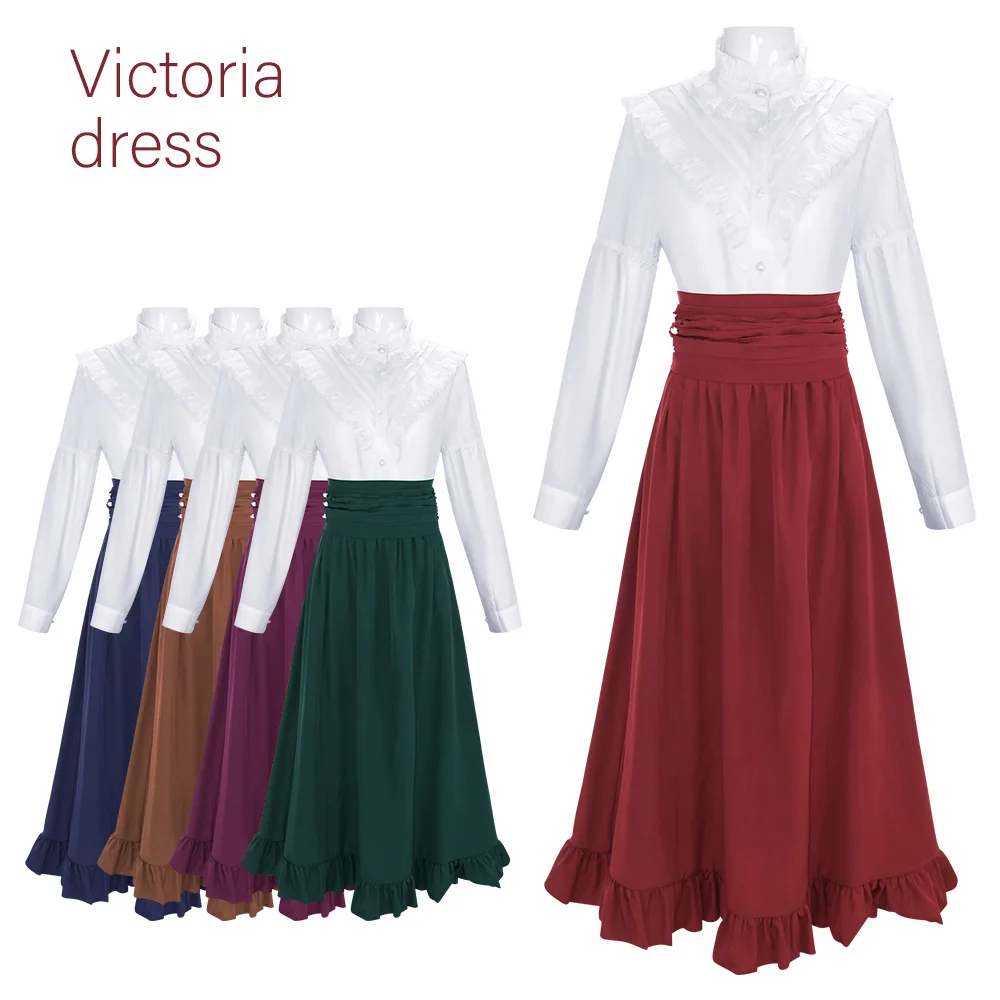 

Victorian Vintage Costume for Women Medieval Gothic Ruffle Shirts Long High Waist Skirt Halloween Renaissance Pirate Skirt