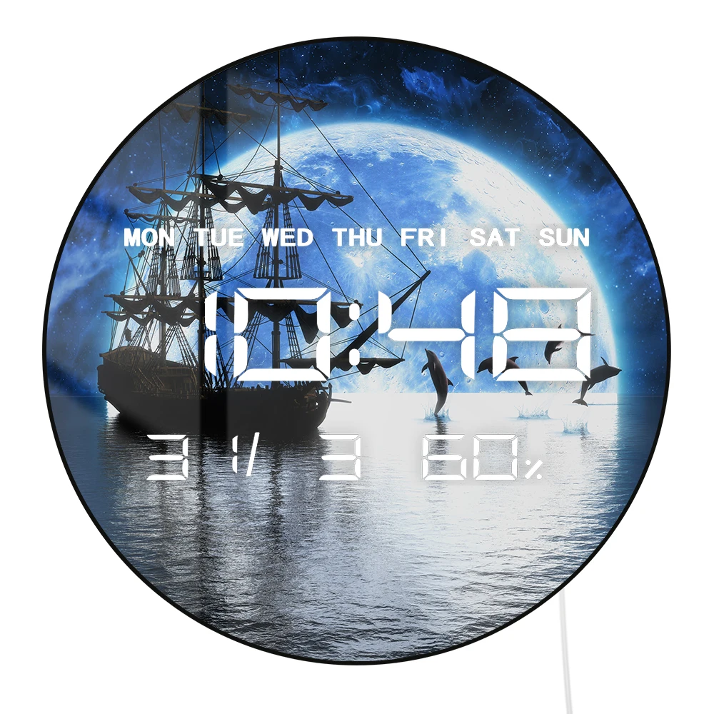 Full Moon with Ship Dolphins Multifunctional Electric Wall Clock LED Digital Calendar Temperature Automatic Dimming 12/24 Hours