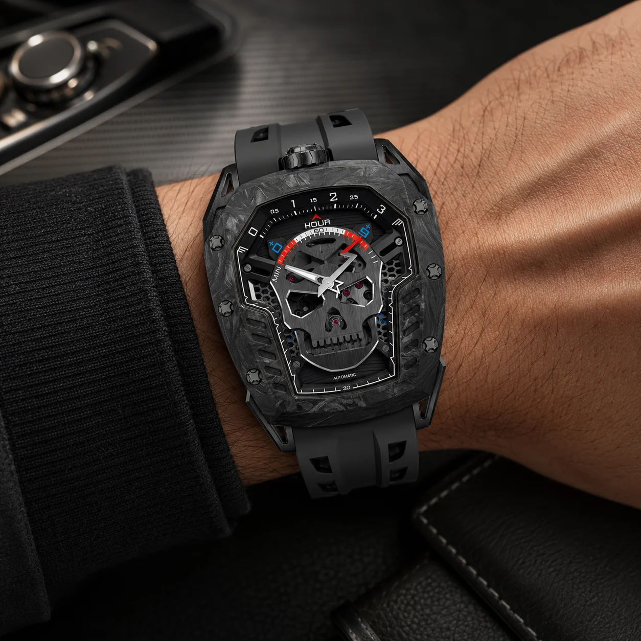 TSAR BOMBA Men's Automatic Skeleton Watch, Skull Dial Day of the Dead, Stainless Steel Case, Carbon Fiber Bezel, Sapphire, 50M