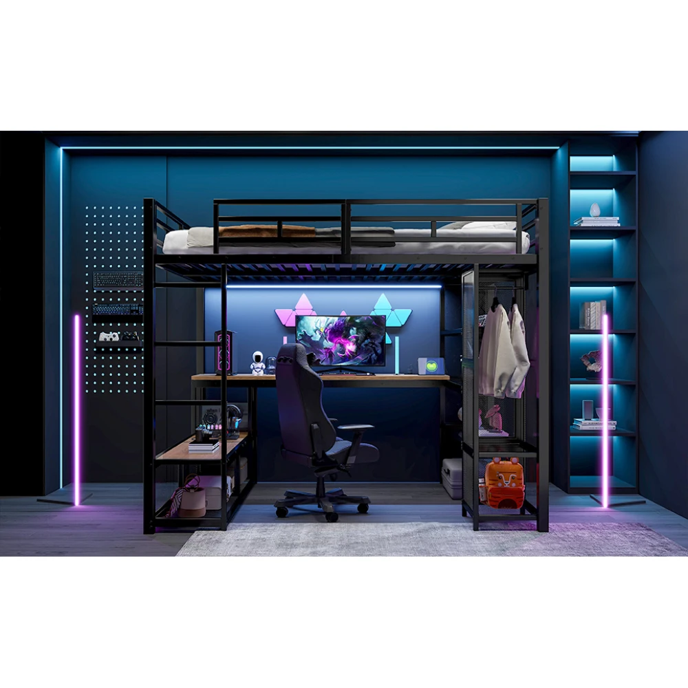 140 x 200 cm großes Hochbett aus Metall mit Stauraum und offenem Kleiderschrank, Kinderzimmerbett mit USB-Anschluss und LED-Beleuchtung, Schwarz/Weiß – Detail 12