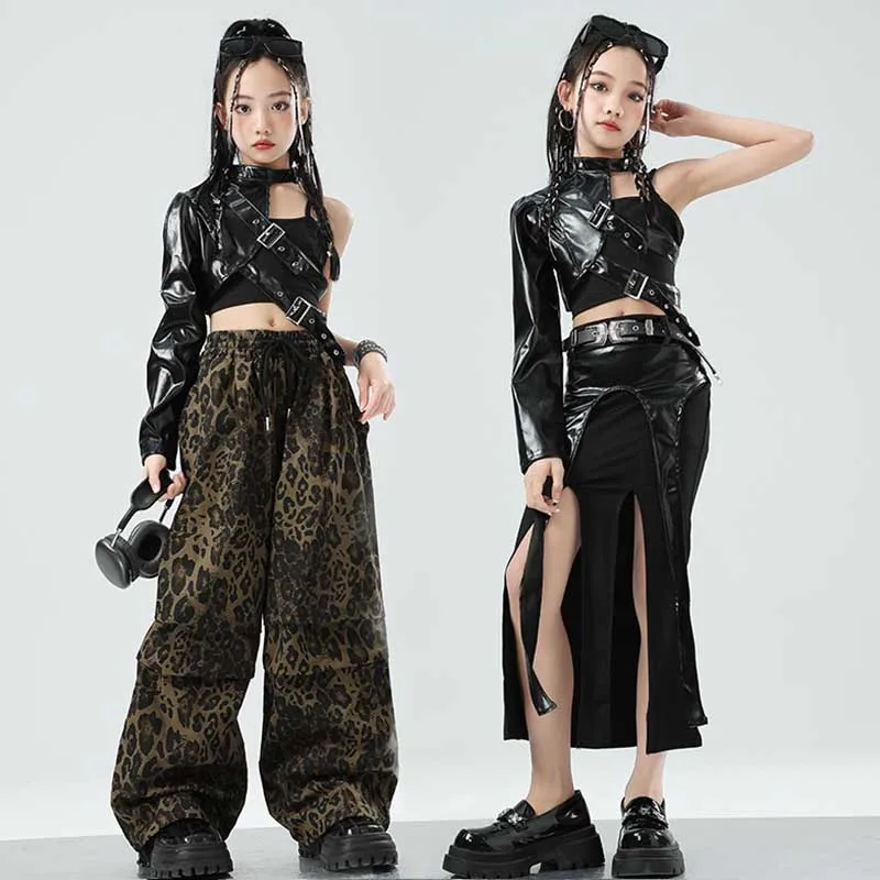 Kind Jazz Dance Kleidung Mädchen Kpop Bühne Outfit Schwarz Einarm Jacke Hip Hop Leopard Hosen Modenschau Kinder Kleidung 1701