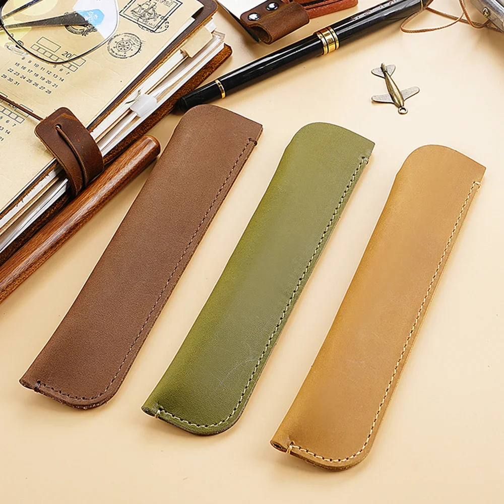 Genuine Leather Handmade Pen Bag Case Colorful Vintage Cowhide Single Pencil Pouch Holder For Rollerball Fountain Ballpoint Pen