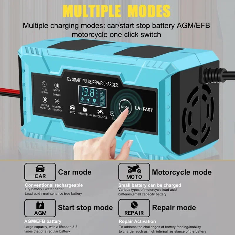 EAFC 12V 6A Fully Automatic Battery Charger Digital LCD Display Battery Charger Pulse Repair For Car Motorcycle AGM GEL Wet