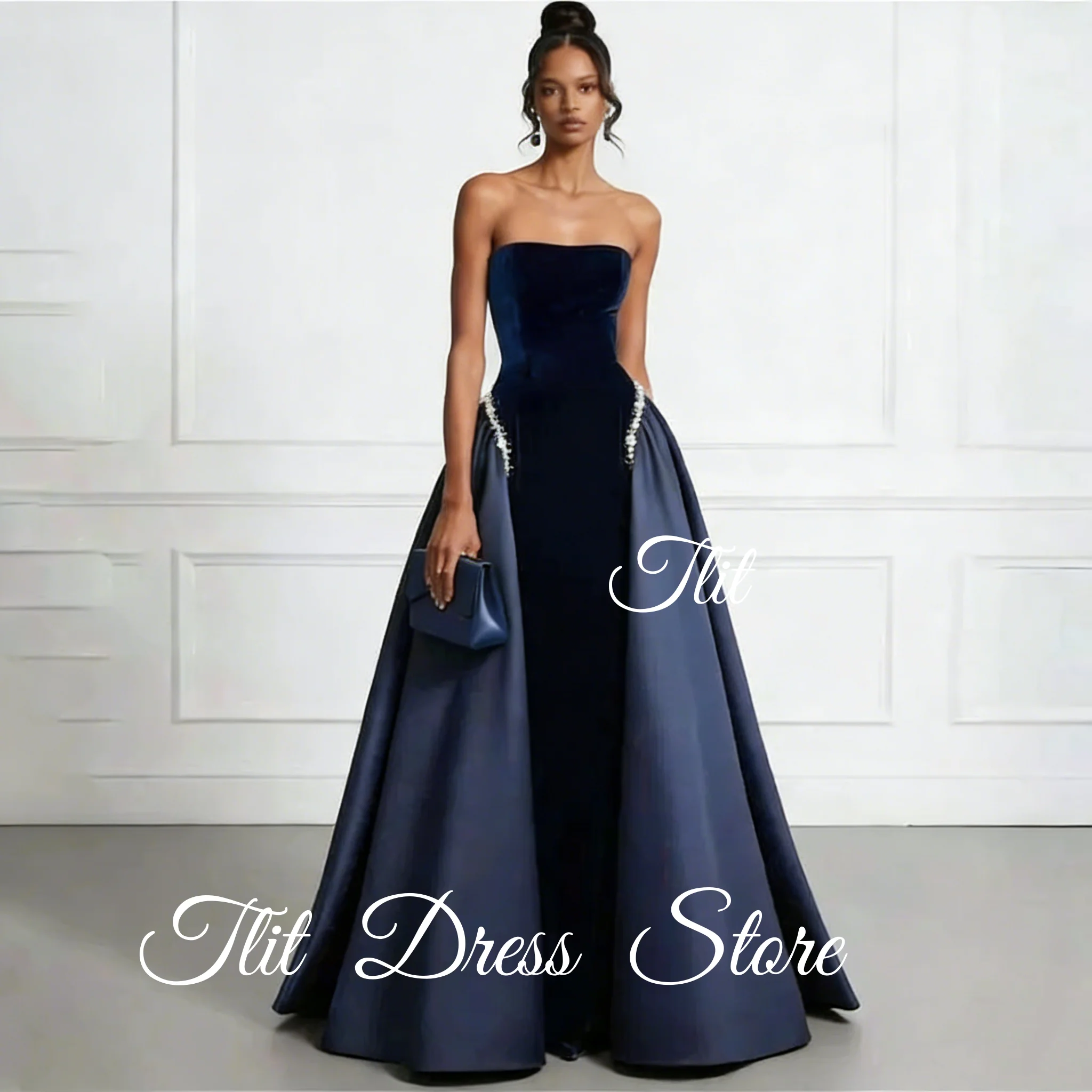 Elegancka suknia wieczorowa bez ramiączek TLIT 2026, zdobiona koralikami, zapinana na zamek, suknia balowa w stylu arabskim, satynowa spódnica, europejska suknia na przyjęcie, możliwość personalizacji.