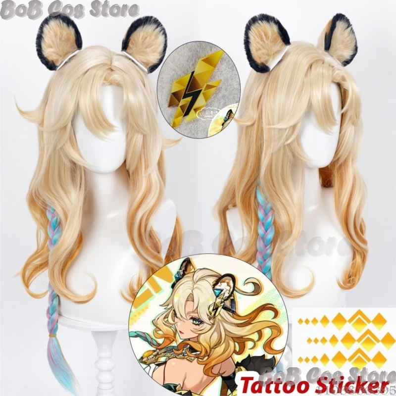 Xilonen Game Genshin Impact Cosplay Animal Leopard Ears Three Color Braids Wig Hair Clip Tattoo Sticker Christmas Customized