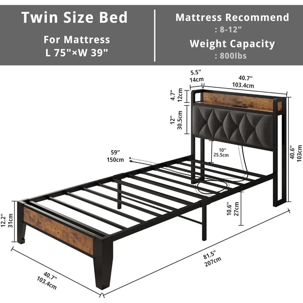 Bed Frames, Storage Headboard with Outlets, Easy to Install, Sturdy and Stable, No Noise, No Box Springs Needed