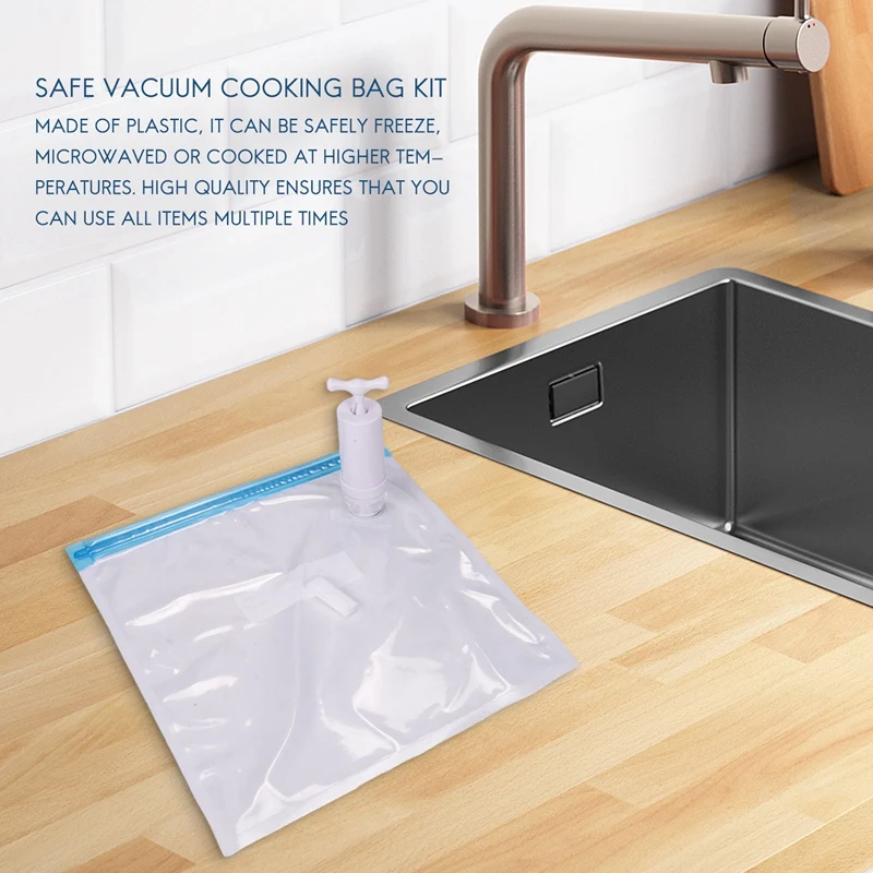Bolsas Sous Vide para almacenamiento de alimentos al vacío, paquete de 15 bolsas reutilizables eléctricas, ahorro de sellador, cocina con 1 bomba de mano, bolsa sellada de 2 tamaños, 4 clips