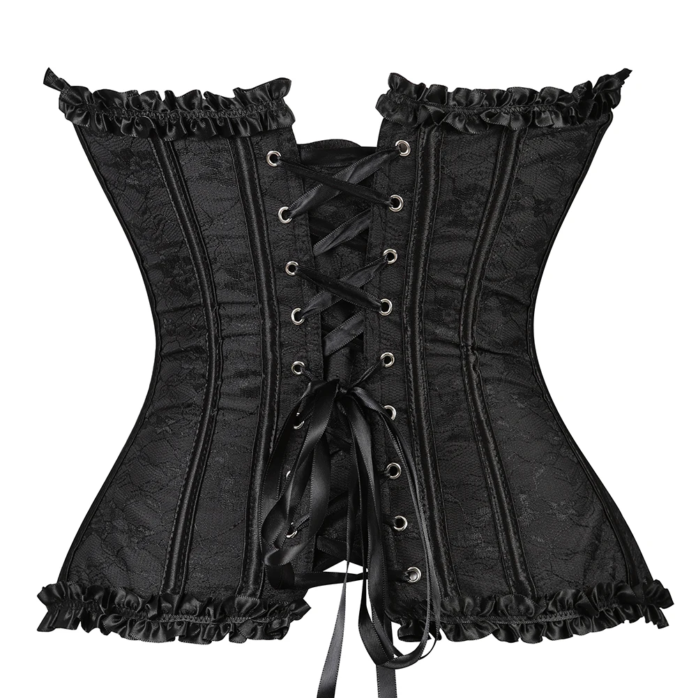 Women\'s Sexy Corset Floral Trim Lace Up Boned Overbust Corset Vintage Bustier Corset Waist Cincher Black White Red Plus Size