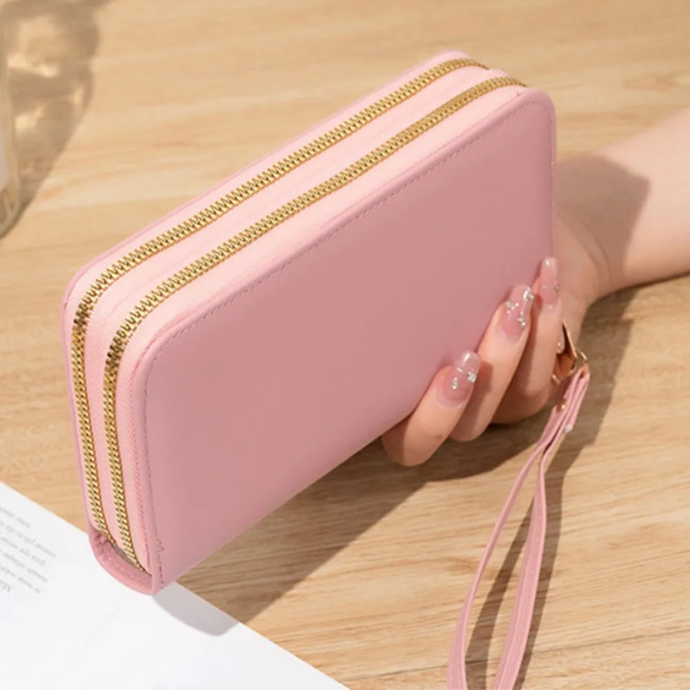 Dompet Panjang Ritsleting Ganda untuk Wanita Dompet Koin Bordir Bunga Fashion Tempat Kartu Tas Uang Ponsel Clutch Kulit PU Wanita