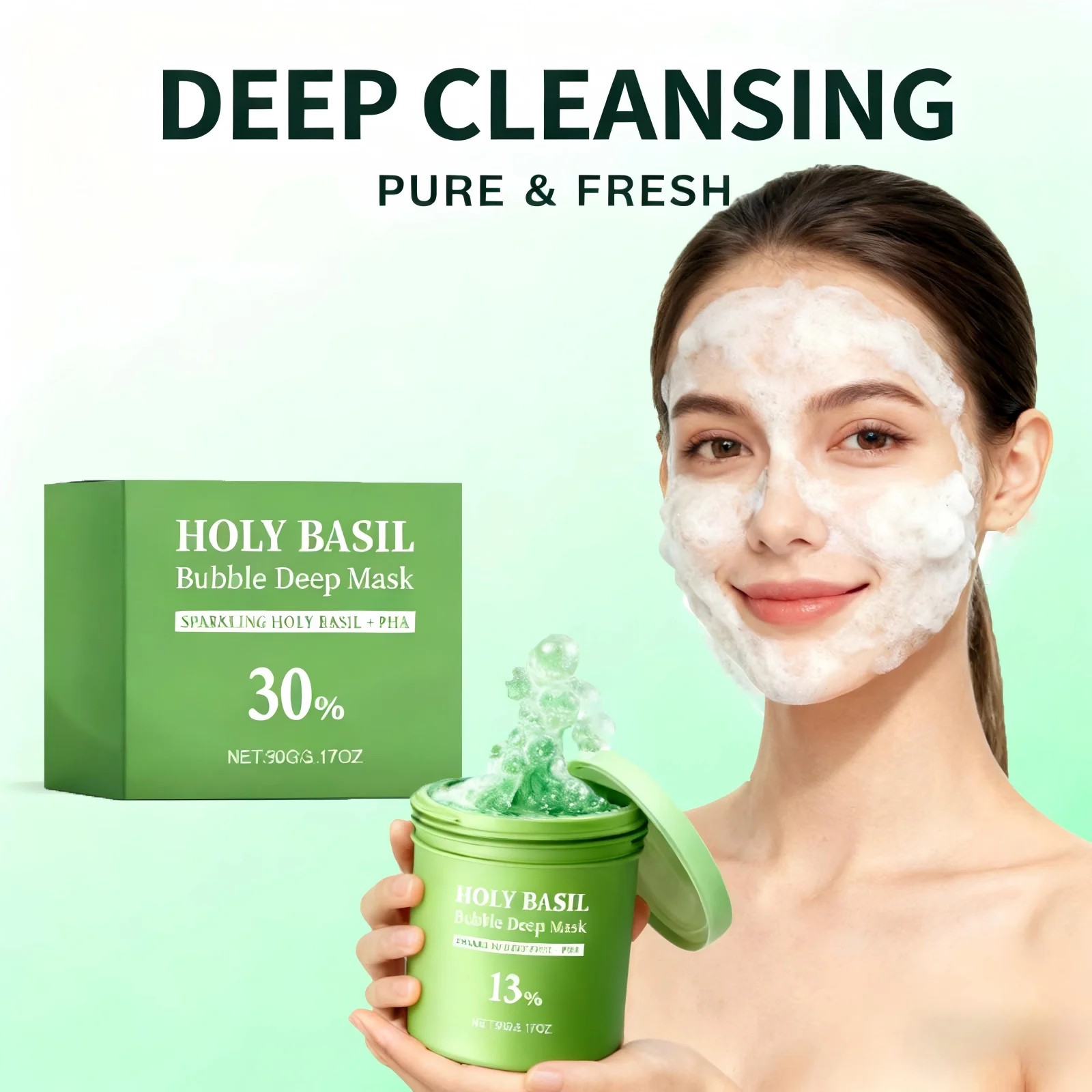 Holy Basil Bubble Deep Mask Cleaning Blackheads Minimize Pores Oil Control Smooth Lactobionic Acid Deep Hydration Face Mask 90g