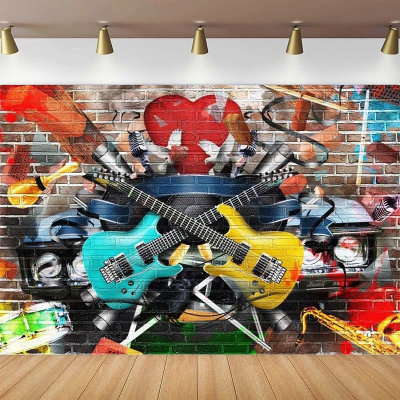 

Rock And Roll Guitar Phtography Backdrop Graffiti Brick Wall Musical Background For Party Decor 80s 90s Birthday Banner Disco