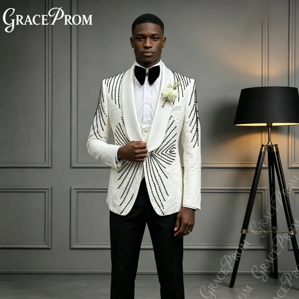 Stunning Linear Rhinestone Men Tuxedo 3 PCS Formal Party Wear Premium Shawl Slim Fit Suit Set Jacquard Wedding Groom Suits S‑3XL