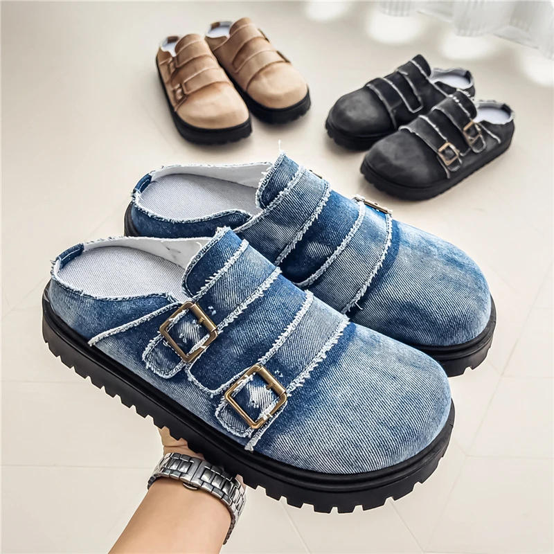 Denim Mules Man Slip On Flats Half Shoes for Men Open-back Loafers Flat Sneakers Backless Casual Shoes Summer Slide Sandals 2026