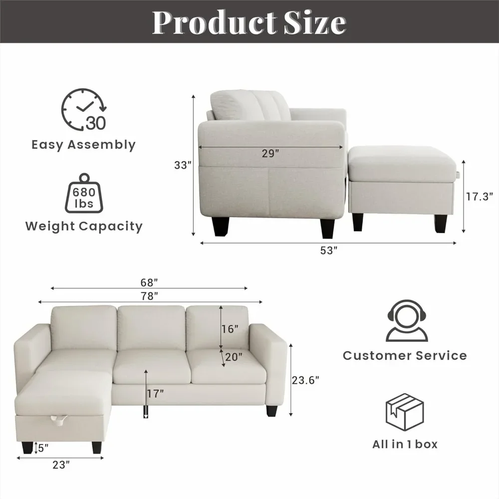 Sectional Sofa L Shaped Cloud Couch-Small Modular 3 Seat-Comfy Linen with Storage Deep Seat Sofa, Washable Covers-Suitable