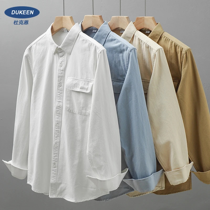 Dukeen Shirts for Men Spring and Autumn Pockets Cotton Solid Color White Plain Shirt Long-Sleeved Tops Mens Clothing