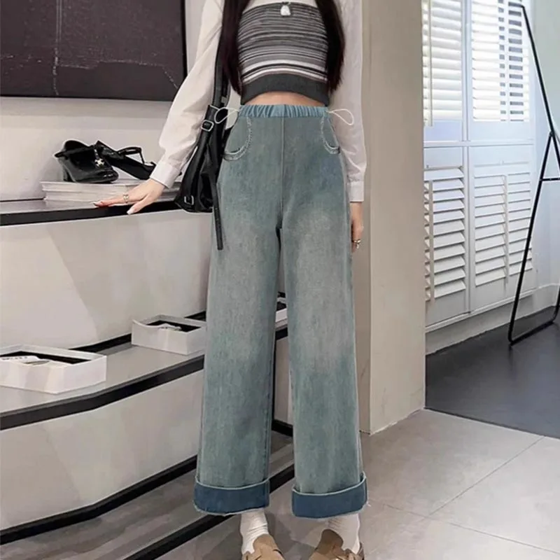 Maternity Jeans: Fleece-Lined, Thickened, Autumn and Winter Drawstring Wide-Leg Jeans Straight-Leg Style Without Belly Support