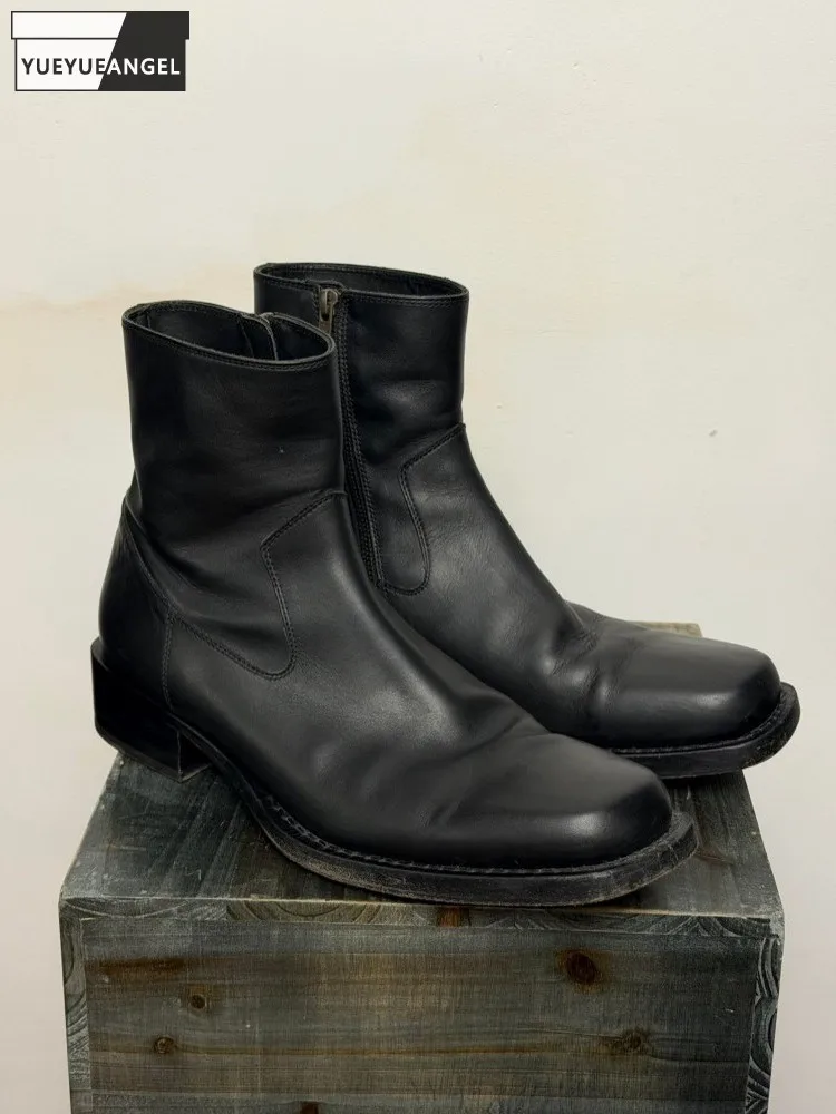 Designer Mens Women Square Toe High Top Work Shoes Zipper Split Leather Patchwork Ankle Boots Business Block Heels Vintage Shoes